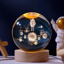 1个USB供电3D水晶球LED夜灯，带木质底座，家居及房间装饰夜灯，太阳系、月亮、星系、土星图案3D夜灯，室内桌面装饰灯，情人节及生日礼物，送给朋友和同学 - 黃色 - 查看 17