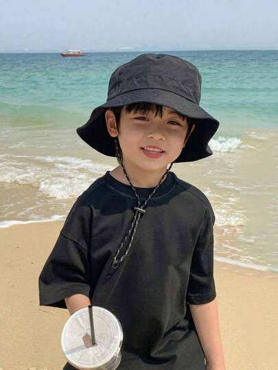 1 pieza Sombrero de cubo para niños pequeños y niños, sombrero protector solar ajustable para deportes al aire libre, senderismo, campamento, negro, fácil de llevar, adecuado para la escuela, actividades al aire libre