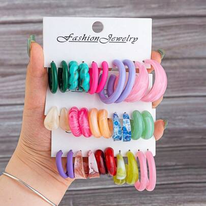 5-16 对时尚多彩夸张镀金 C 形串珠亚克力树脂环形耳环套装