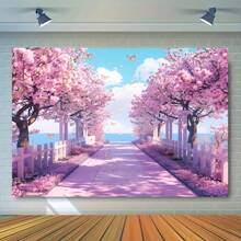 1pc,Versatile Polyester Backdrop With Garden Flowers & Tree Path - Perfect For Weddings, Birthdays, And Photo Booths - Multicolor - View 3