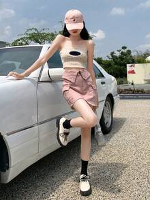 女性休閒卷腰工作服口袋牛仔裙