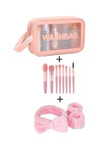12件套化妆刷套装，包含：1个化妆包、8支化妆刷、1套洗脸头带，便携旅行套装，适用于眼线刷、散粉刷、腮红刷、眼影刷、唇刷、眉刷、遮瑕刷、化妆品、口红、粉扑、眼影盘、洗漱用品及其他美容工具和配件。 - 粉色 - 查看 10