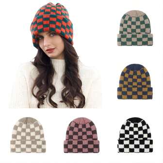 New Winter Knitted Hat For Women Men Japanese Korean Chess Checkered Plaid Skullies Beanies Ins Luxury Brand Y2k Bonnet Heavy Warm Christmas Green Red Hat Casual Cap WIth Logo Label