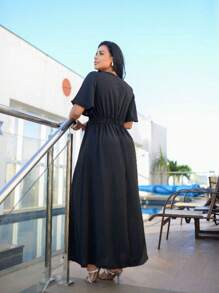 Long Party Dress With V-Neck Fitted At The Waist Short Sleeves Black - màu đen - Xem 2