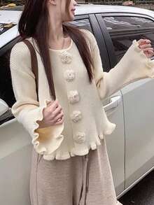 JIANHU Nuevo cárdigan de punto con botones florales y deshilachados, chaqueta holgada y elegante para mujer, versátil suéter de manga larga - Blanco - Ver 3
