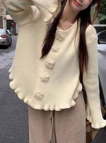 JIANHU Nuevo cárdigan de punto con botones florales y deshilachados, chaqueta holgada y elegante para mujer, versátil suéter de manga larga - Blanco - Ver 2