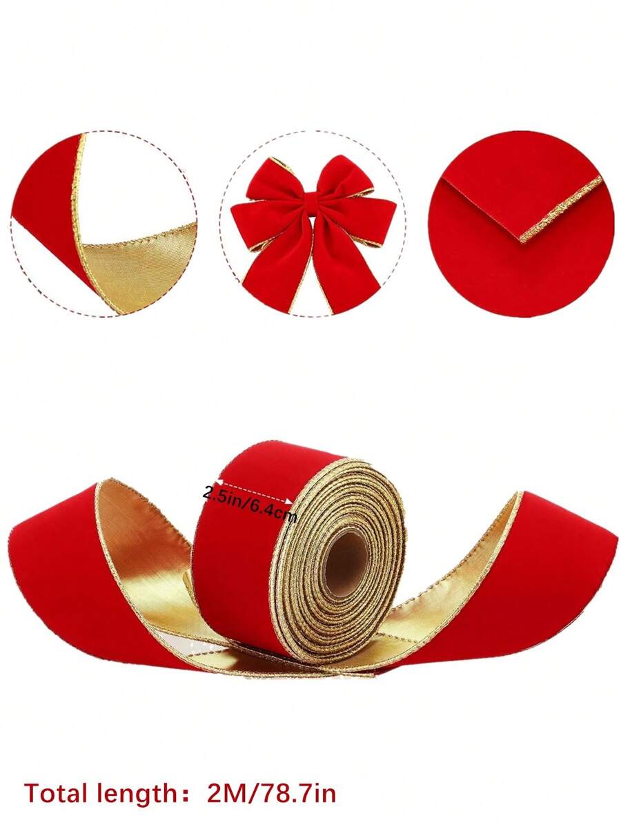1/2 Roll 2M Christmas Red Ribbon With Gold Edge 2.5 Inch Wide Wired
