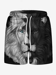 Men Plus Size Casual Vacation Outdoor Sport Animal Black White Lion Head 3D Digital Print Drawstring Lightweight Shorts - Black - View 2