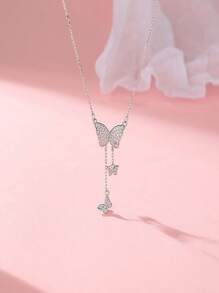 1pc Fashionable Silver Butterfly Tassel Necklace, Delicate Clavicle Chain, Pendant For Women's Daily Wear