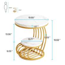 Mesa auxiliar redonda moderna de 2 niveles con estante de madera Tribesigns, mesita de noche chic, mesa de acento con arco metálico para dormitorio o sala de estar - Oro blanco - Ver 5