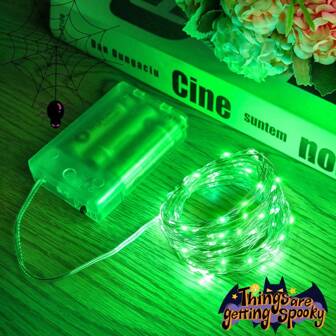 1 件 10/20/30/50/100/200 LED 铜线灯串幽灵氛围万圣节仙女灯电池供电适合家庭万圣节快乐派对鬼节房间卧室室内装饰（绿色/紫色）万圣节装饰房间装饰万圣节花园装饰礼物仙女节日装饰节日装饰