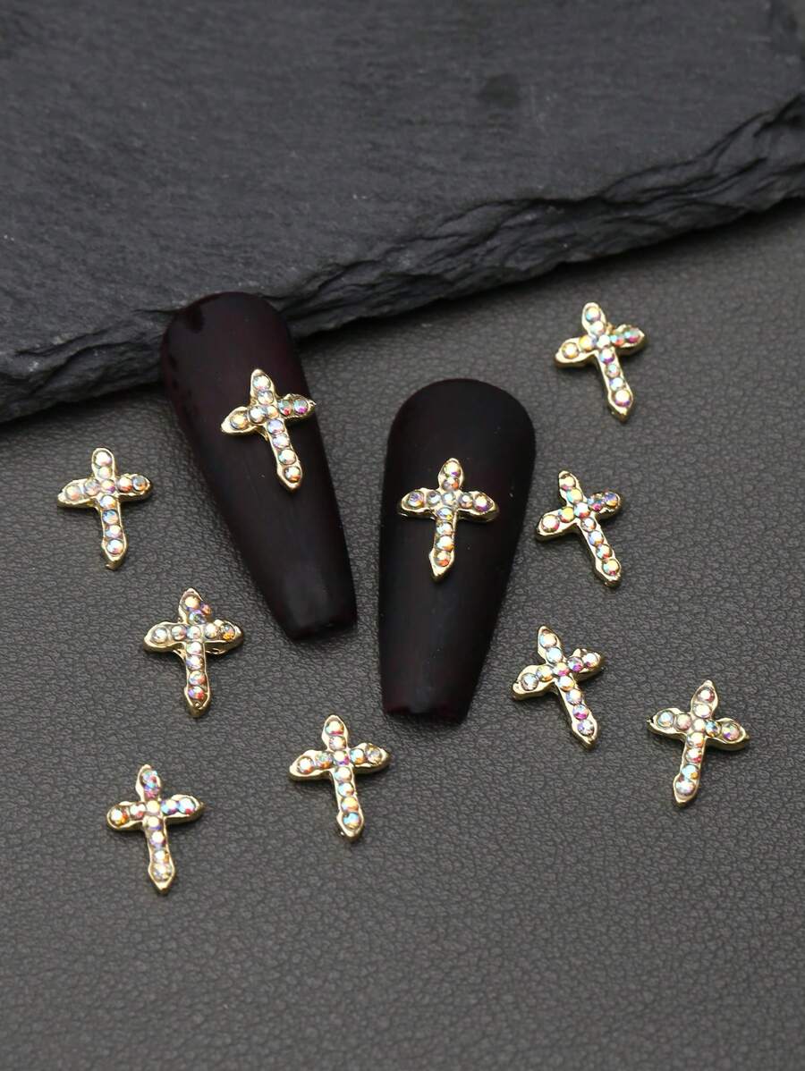 10 piezas de decoración de uñas con diseño de cruz de diamantes de imitación - Dorado - Ver 1