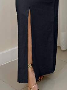 Elegant Women's Linen Long Skirt For Women - الأسود - مشاهدة 6