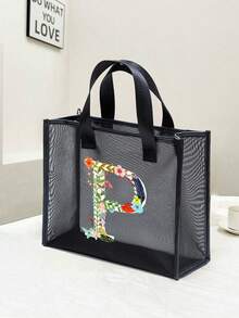 大容量时尚网眼手提包, 刻字装饰网眼包, 沙滩包, 沙滩包, 适合海滩度假收纳购物, 刻字花卉图案自然元素老师答谢礼物, 女士大容量手提包, 暑假包, 旅行必备, 字母印花时尚教师手提包, 学校礼物, 婚礼节日礼品袋, 派对包礼品袋, - 黑色 - 查看 7