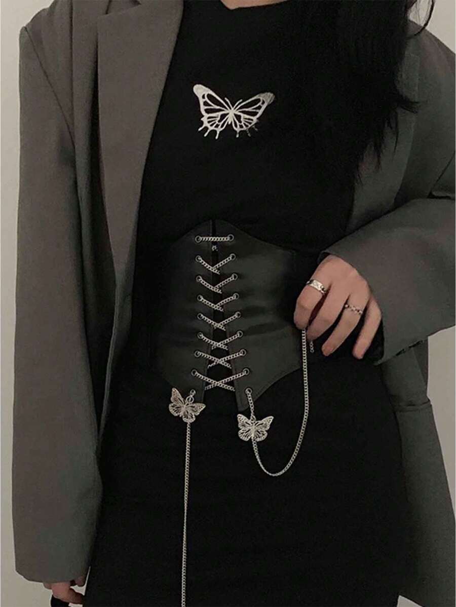 1 pieza Cinturón negro de piel de poliuretano para mujer con cintura elástica y diseño de lazo plateado