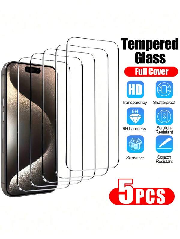 5pcs/Pack High Definition Tempered Glass Screen Protector Compatible With IPhone 15/14 Pro Max/13/12 Pro Max, Instant Air Bubble Removal, Compatible With IPhone X-15 Series, Scratch/Water/Shatter Resistant, High Sensitivity Touch