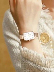 HANNAH MARTIN 1 Đồng hồ vuông thời trang 34mm vàng hồng & bạc & vàng & đen phong cách tối giản nhập khẩu Nhật Bản chính hãng dây đeo lưới thép không gỉ đồng hồ đeo tay thường ngày cho nữ - trắng - Xem 7