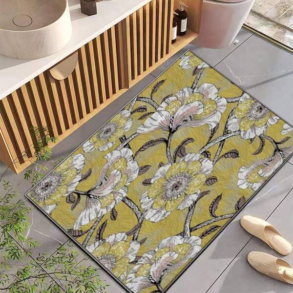 1pc Pearl Velvet & Washed Canvas Material, Chinese Painting Style Yellow Area Rug, Simple & Easy Care Practical Long Floor Mat For Kitchen, Dining Room And More