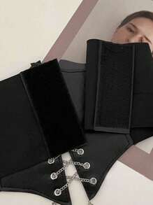 1 pieza Cinturón negro de piel de poliuretano para mujer con cintura elástica y diseño de lazo plateado