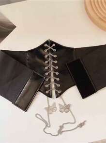1 pieza Cinturón negro de piel de poliuretano para mujer con cintura elástica y diseño de lazo plateado