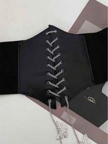 1 pieza Cinturón negro de piel de poliuretano para mujer con cintura elástica y diseño de lazo plateado