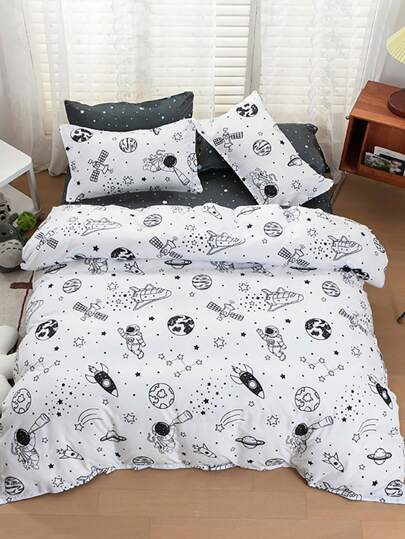3pcs Astronaut & Spaceship Bedding Set, Black & White Galaxy Print Duvet Cover & Pillowcase Set, Polyester All Season Quilt Cover For Kids Love Valentine