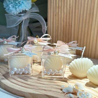 VICKYO 6pcs Shell Candles Favor Set For Guest, 6 Set Of White Shell Shaped Candles With Acrylic Boxes And Pink Ribbon Tags Accessories, Ideal For Babyshower Wedding Bridal Shower Favor And Beach Party Gifts
