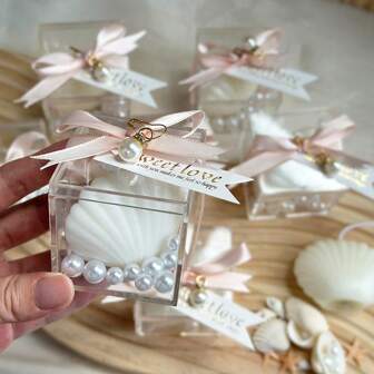 VICKYO 6pcs Shell Candles Favor Set For Guest, 6 Set Of White Shell Shaped Candles With Acrylic Boxes And Pink Ribbon Tags Accessories, Ideal For Babyshower Wedding Bridal Shower Favor And Beach Party Gifts