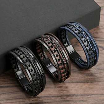 1pc Fashion Accessories Men's Multilayer Vintage Leather Cord Braided Bracelet Alloy Magnetic Clasp Bracelet