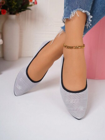 Women's Fashionable Flat Knitted Hollow-Out Breathable Mesh Pointed Toe Slip-On Lightweight Casual Shoes