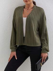 Women's Solid Color Simple Daily Vertical Stripe Long Sleeve Cardigan - Army Green - View 4