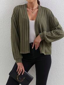 Women's Solid Color Simple Daily Vertical Stripe Long Sleeve Cardigan - Army Green - View 6