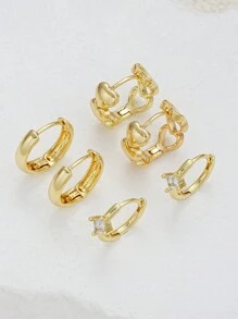 6pcs Simple Copper Zirconia Hoop Earring Set, Women's Daily Wear & Gift - Yellow Gold - View 7
