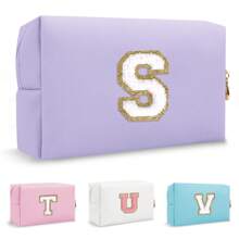 Personalized Initial Letter Patch Makeup Bag, Preppy Small Chenille Letter Cosmetic Bag With Zipper, PU Leather Waterproof Travel Toiletry Bag Monogram Make Up Pouch For Women Girls Makeup Bags Makeup Organizer Make Up Organizer Makeup Storage