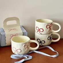 1pc Embossed Bow Ceramic Mug, Suitable For Daily Use Cup For Coffee, Milk, Juice, Breakfast