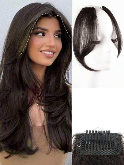 2 piezas Extensión de pelo con flequillo con pinza lateral, resistente al calor, de fibra sintética, flequillo francés ondulado de raya media, flequillo natural barrido, invisible y sin costuras, cortina de pelo suave para mujeres