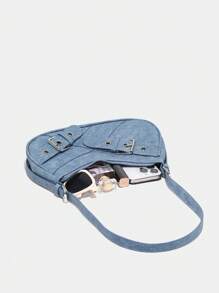 1 件复古蓝色牛仔效果 PU 印花 Y2K 哥特式时尚铆钉装饰复古方块装饰女士单肩包可调节肩带适合日常使用 - 藍色 - 查看 6