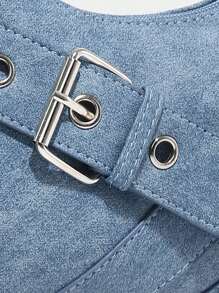 1 件复古蓝色牛仔效果 PU 印花 Y2K 哥特式时尚铆钉装饰复古方块装饰女士单肩包可调节肩带适合日常使用 - 藍色 - 查看 5