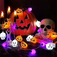 1 set Luces de cadena de Halloween, 10/20/40 LED Ojos de calavera, calabaza, fantasma, araña, decoración de Halloween interior y exterior, decoración navideña, luces de cadena de Halloween con destello de colores, decoración de fiesta, funciona con pilas (pilas no incluidas)