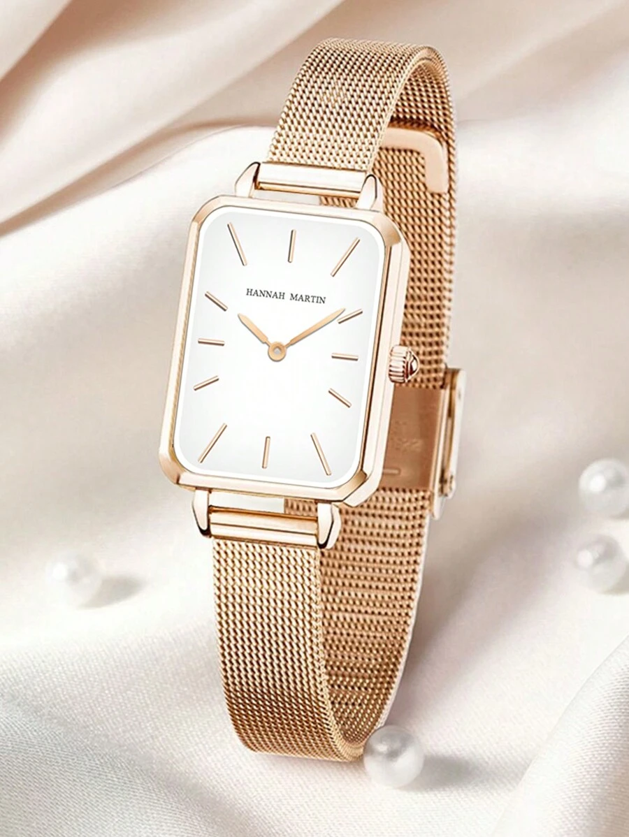 HANNAH MARTIN 1 Đồng hồ vuông thời trang 34mm vàng hồng & bạc & vàng & đen phong cách tối giản nhập khẩu Nhật Bản chính hãng dây đeo lưới thép không gỉ đồng hồ đeo tay thường ngày cho nữ