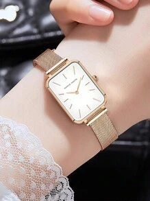 HANNAH MARTIN 1 Đồng hồ vuông thời trang 34mm vàng hồng & bạc & vàng & đen phong cách tối giản nhập khẩu Nhật Bản chính hãng dây đeo lưới thép không gỉ đồng hồ đeo tay thường ngày cho nữ - trắng - Xem 11