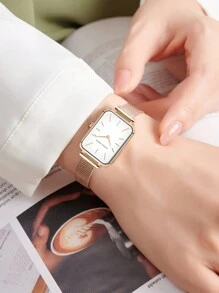 HANNAH MARTIN 1 Đồng hồ vuông thời trang 34mm vàng hồng & bạc & vàng & đen phong cách tối giản nhập khẩu Nhật Bản chính hãng dây đeo lưới thép không gỉ đồng hồ đeo tay thường ngày cho nữ - trắng - Xem 10