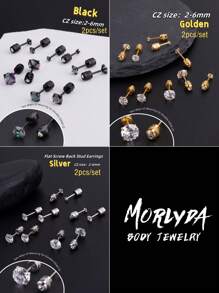 2 件扁平螺丝后方晶锆石耳钉双头 CZ 耳钉不锈钢微型男女通用防过敏软骨耳环，螺丝双圆形方晶锆石精致螺旋耳环，适合男士、女士、女孩男孩（金色/银色/黑色 2 毫米/3 毫米/4 毫米/5 毫米/6 毫米）万圣节圣诞节礼物日常佩戴 - Ear Studs - 查看 10