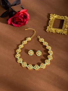3 件套夸张欧美风格铜镶嵌彩色宝石珍珠项链耳环套装，适合日常佩戴和聚会 - 金色 - 查看 9