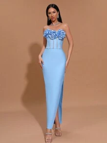 Modphy 2024秋冬新款纯色露肩立体花朵镶钻开叉性感聚会紧身绷带连衣裙优雅女式正式晚宴礼服 - 淺藍色 - 查看 4