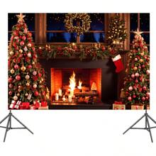 1 pieza Tela de fondo fotográfico con tema de chimenea navideña acogedora para 1er cumpleaños y sesión de fotos - Multicolor - Ver 2