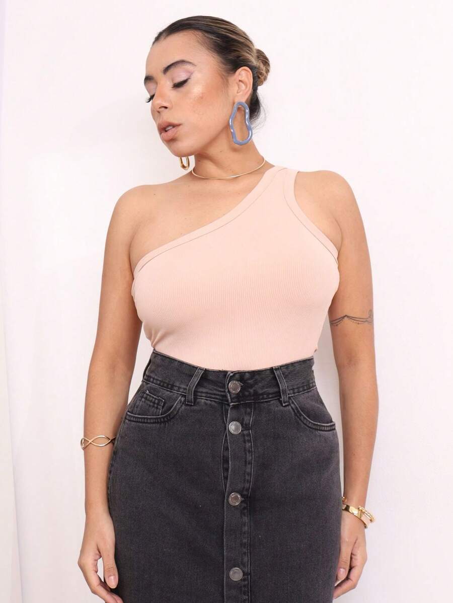 Women's One Shoulder Ribbed Tank Top - Màu be - Xem 1