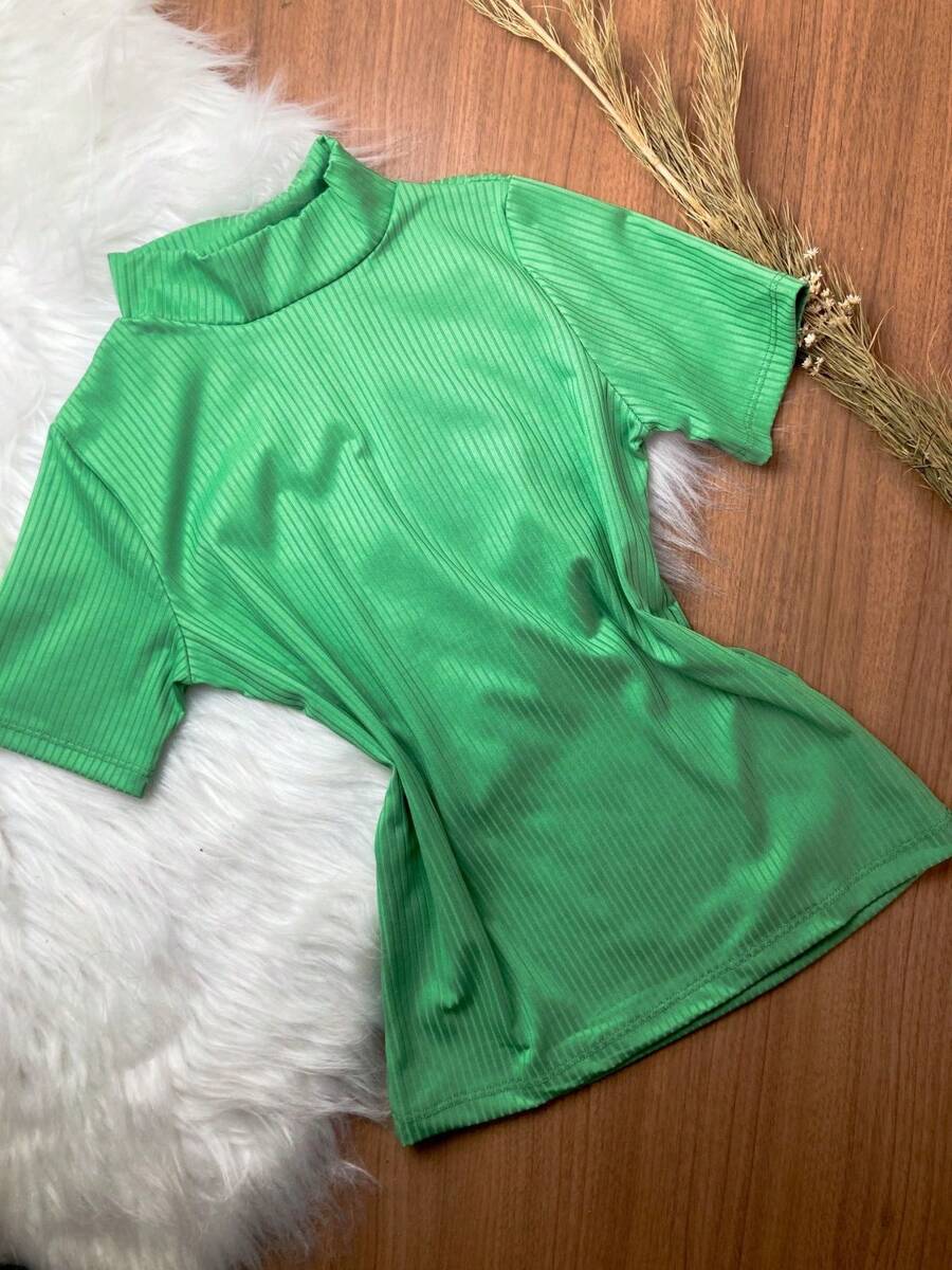 3D Ribbed Cacharrel Short Sleeve Collar Blouse - Màu xanh Bạc hà - Xem 1