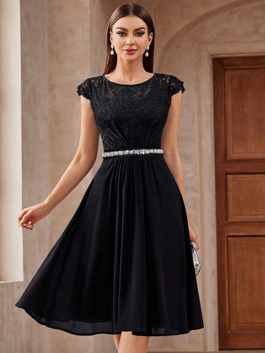 MIUSOL Floral Lace Cap Sleeve Sequin Insert Waist Prom Party Swing Dress - Black - View 1