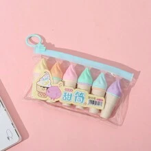 6pcs/Set Mini Ice Cream, Candy, And Waffle Cone Style Fluorescent Highlighter Pen Set, Cute Graffiti Drawing Diary Study Marker Pen With Random Packaging